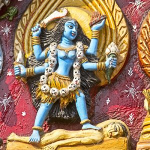 Image of the Goddess Kali on the wall of Kali temple in Puri